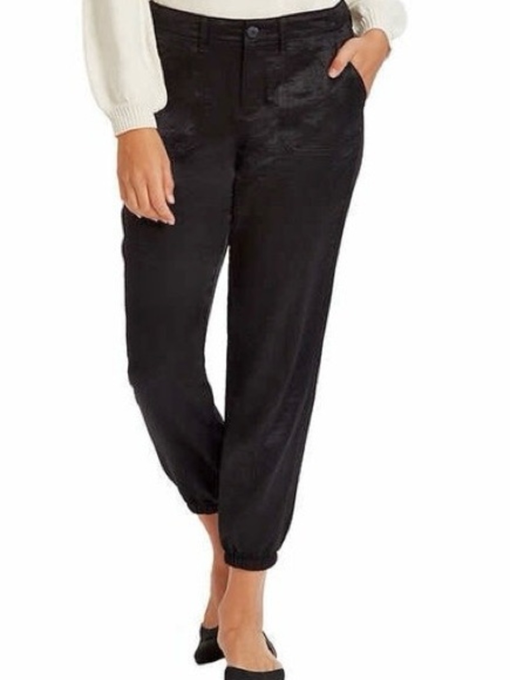 Jessica Simpson NWT Utility Joggers Black Shiny Sheen Dress Pants Cuff Ankle
